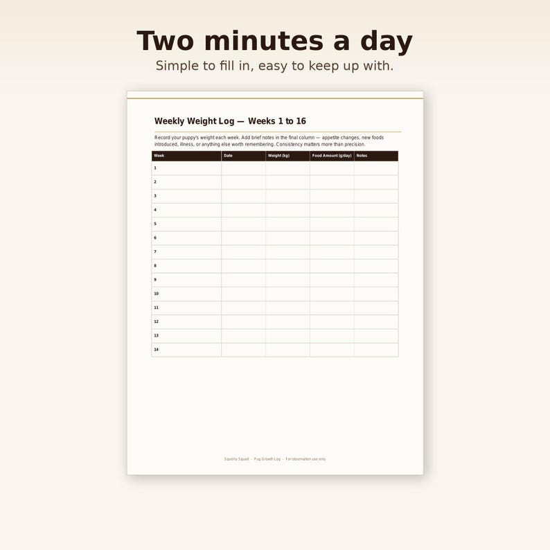 Weekly weight log grid, 16 weeks
