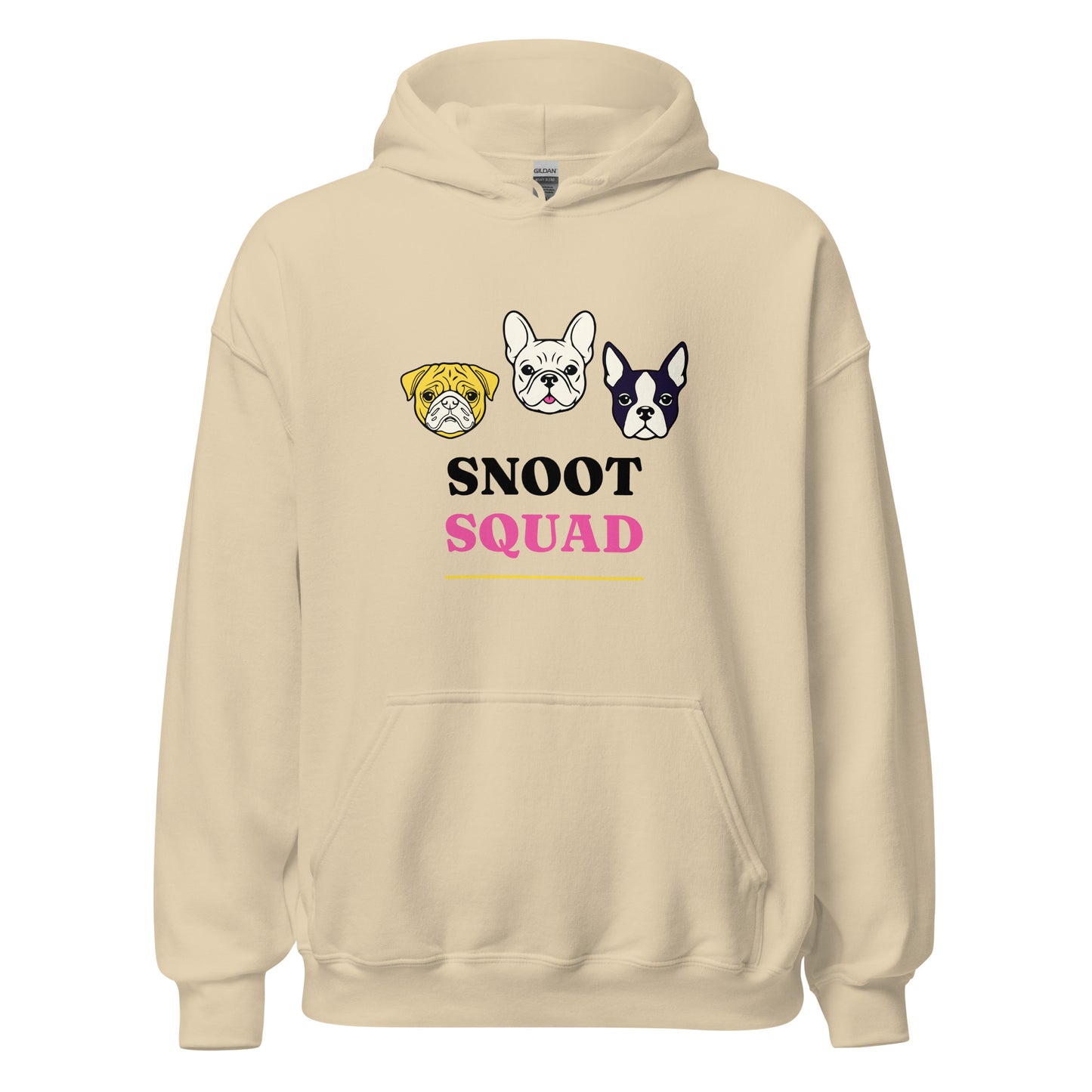 Pink Snoot Squad hoodie featuring Pug, Frenchie, and Boston Terrier dog illustrations — Squishy Squad Co.