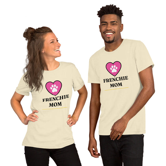 Frenchie Mom tee with hot pink heart and white paw print design — Squishy Squad Co.