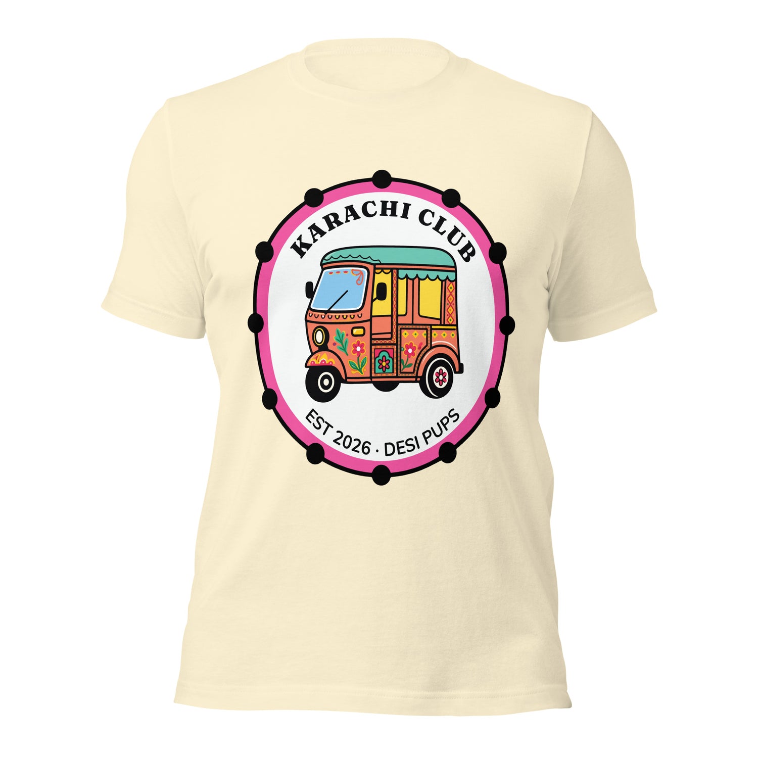 Karachi Rickshaw Club tee with hand-drawn Pakistani truck-art emblem — Squishy Squad Co.